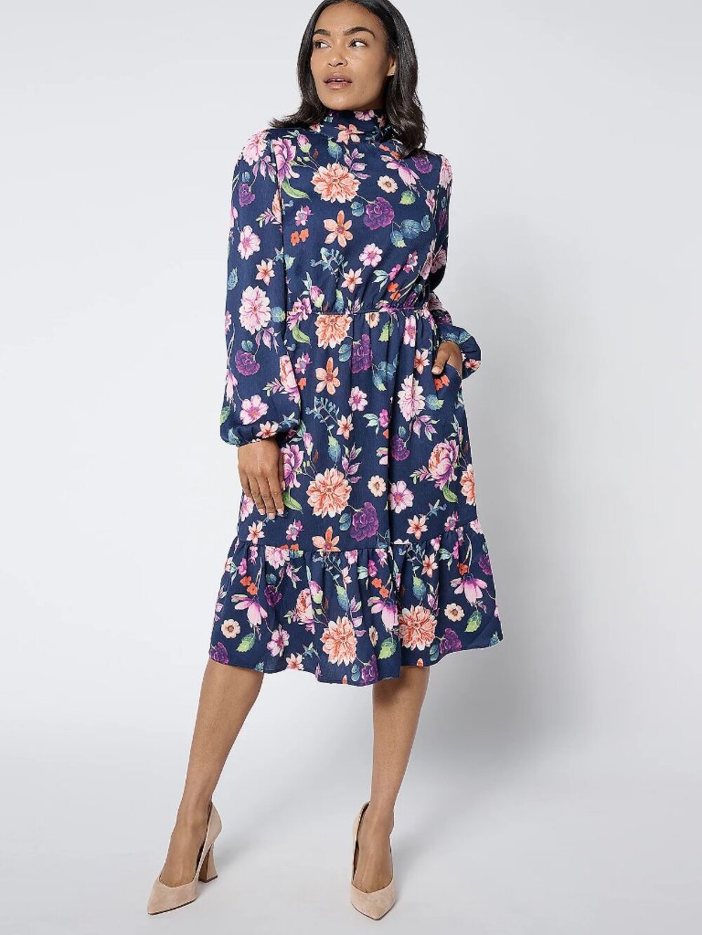 Studio Park X Ali Carr Tiered Ruffle Dress w/Bow, Navy Sz REG -L a65617